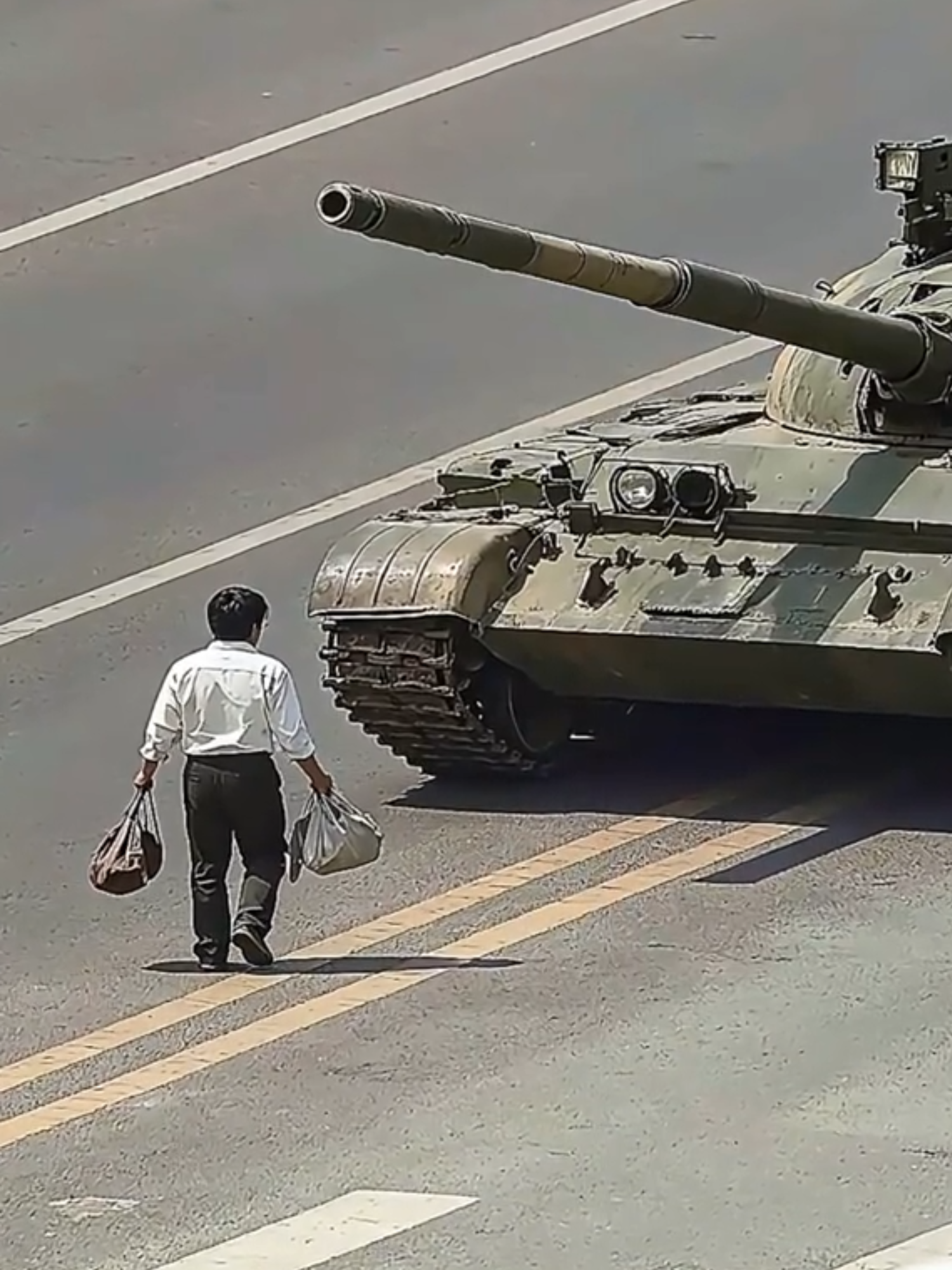 the Unknown Protester Tank Man (also known as the Unknown Protester or the Unknown Rebel) is an unidentified individual, presumed to be a Chinese man, who stood in front of a column of Type 59 tanks on Chang'an Avenue near Tiananmen Square in Beijing on June 5, 1989. The confrontation occurred one day after the government of China forcibly cleared the square following six weeks of pro-democracy demonstrations, resulting in the deaths of hundreds of people, primarily in areas surrounding the squa
