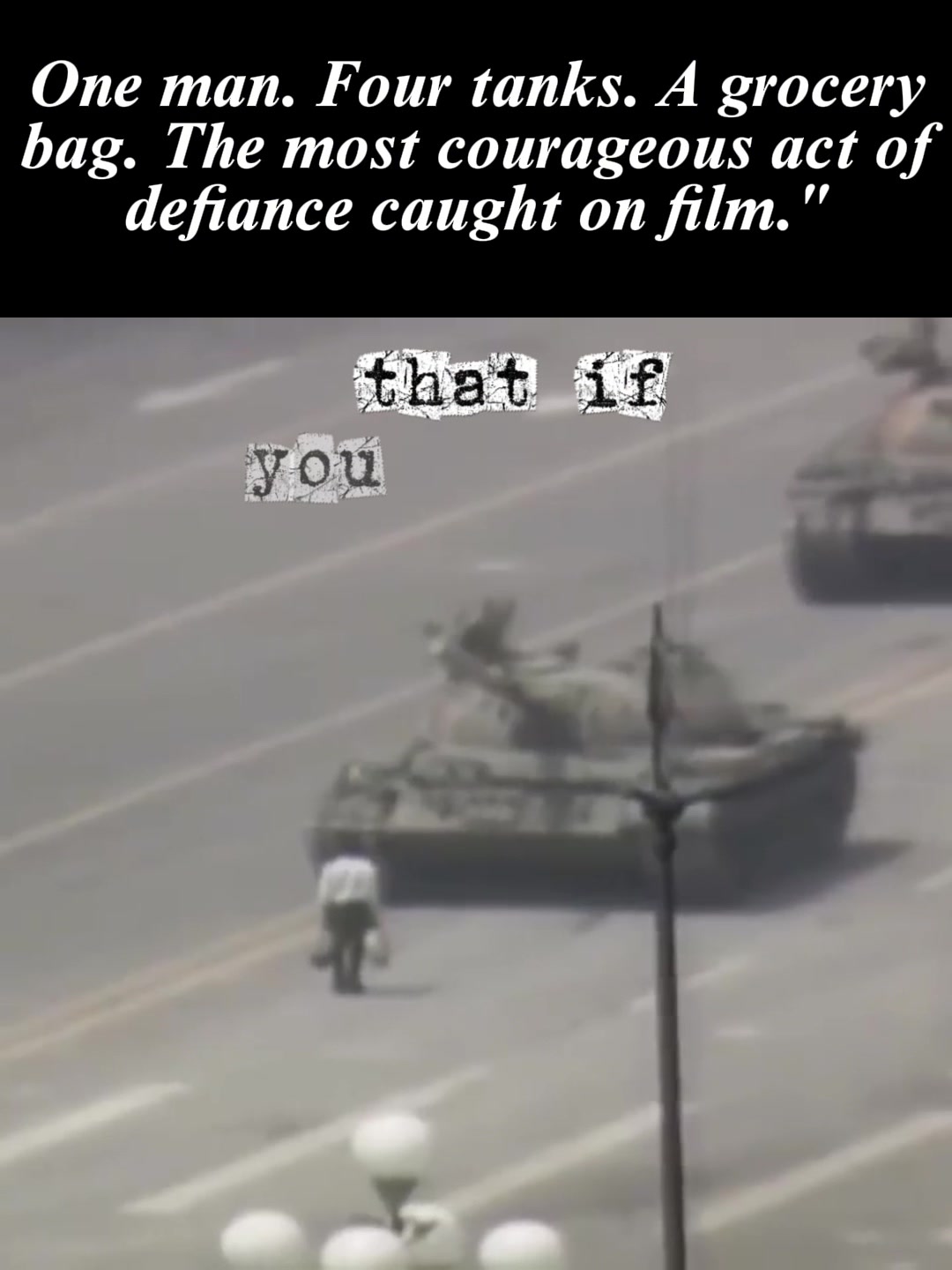 One man. One line of tanks. One unforgettable image. Captured the day after the 1989 military crackdown in Beijing, the identity and fate of the man known as "Tank Man" remain unknown. His silent act of defiance became one of the most recognizable photographs of the 20th century and a lasting symbol of individual courage. #TankMan #Tiananmen1989 #History #Documentary #historyshorts