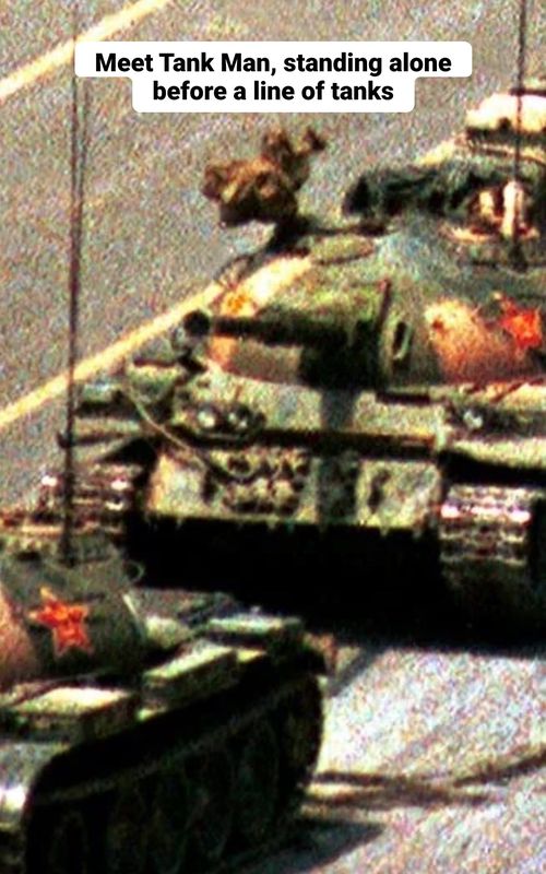 Meet Tank Man, standing alone before a line of tanks It happened near Tiananmen Square on June 5, 1989 Jeff Widener captured the moment from a nearby hotel... The lead tank tried moving around him but Tank Man moved too No one knows his real name or what happened next His image traveled around the world and stunned everyone #fyp #viral #shorts #trending #foryou